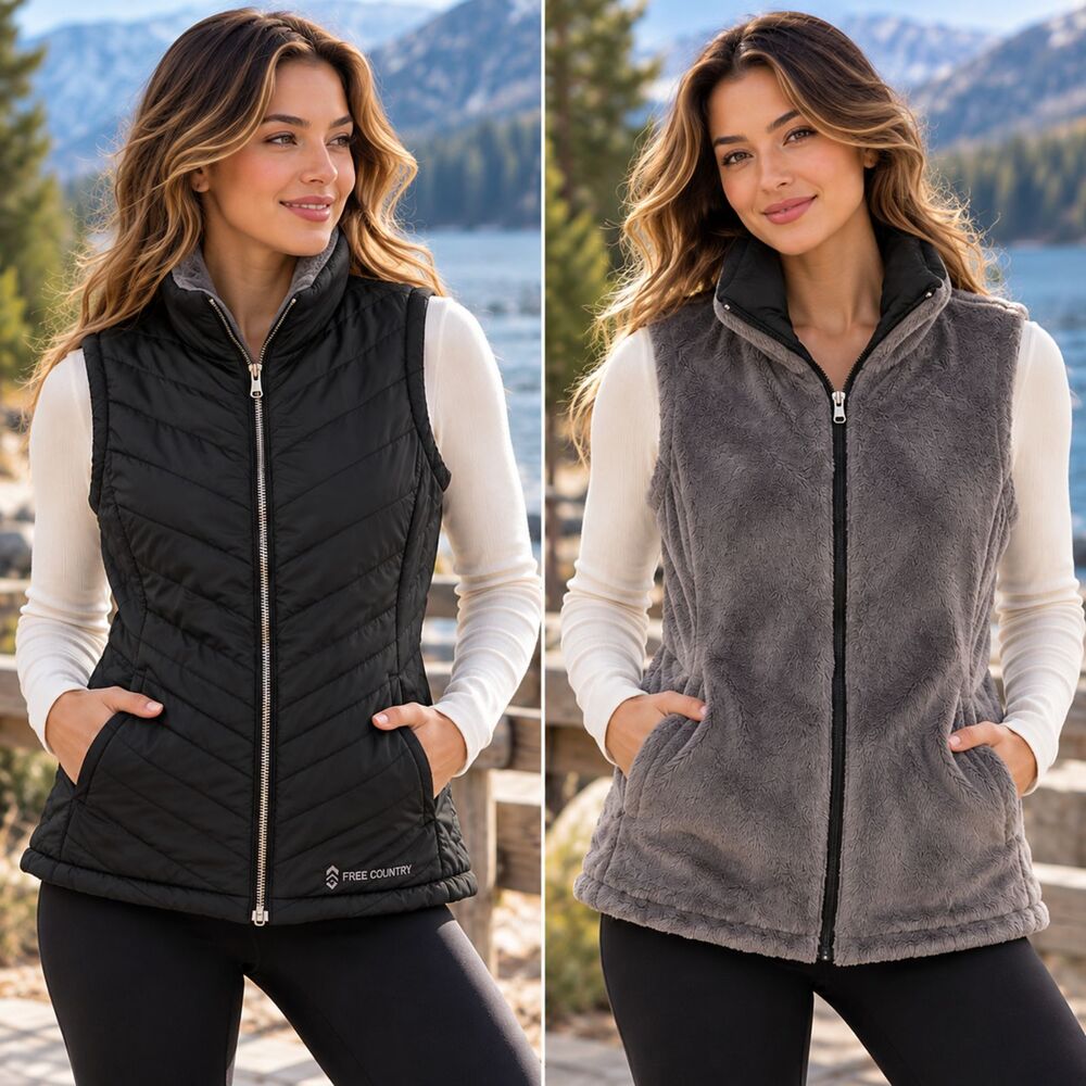 Free Country Quilted Vest Womens M Black Gray Reversible Insulated Zip Outerwear